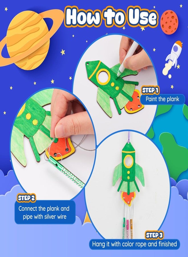 TREACLUB 12PCS Rocket Wind Chime Kit for Kids Make Your Own Space Wooden Wind Chime DIY Coloring Wood Crafts Outer Space Crafts Ornaments for Boys Girls School Activities Party Decoration - Image 4